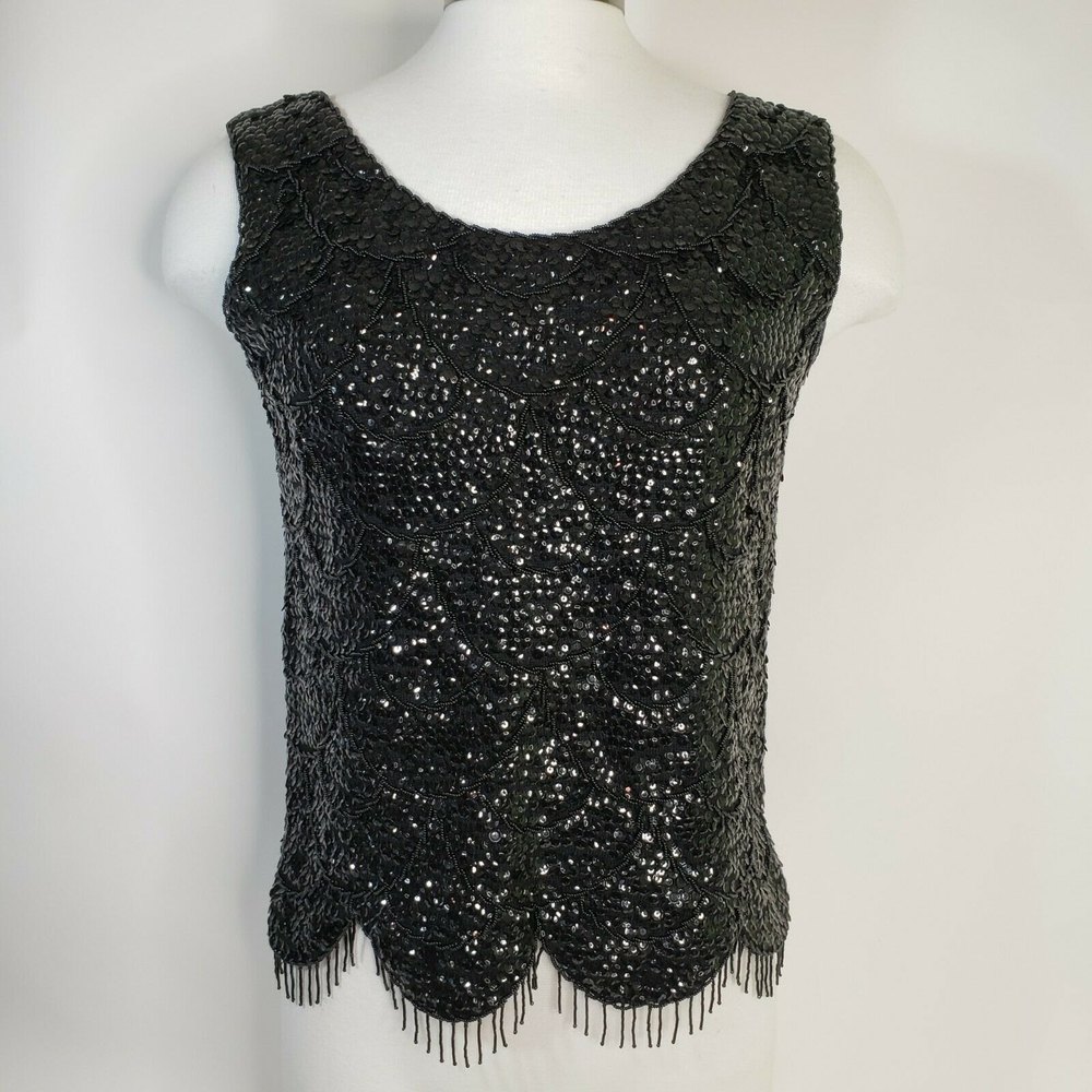 Vintage Black Sequin Top Wool Hong Kong Scalloped Hem Small Zip Back Fringe